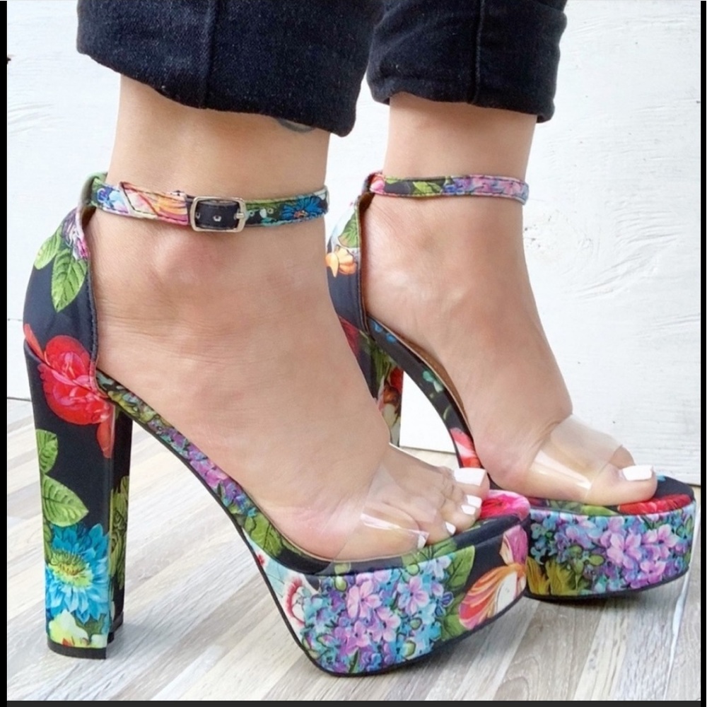 Platform Floral Sandals-Clear strap, ankle buckle.